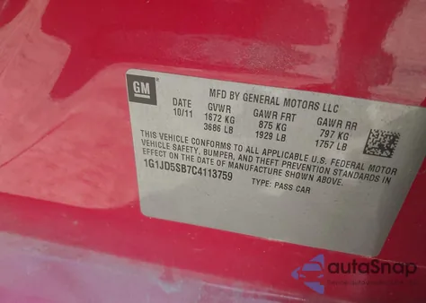 2012 Chevrolet Sonic 1Lt from USA, damaged, VIN 1G1JD5SB7C4113759